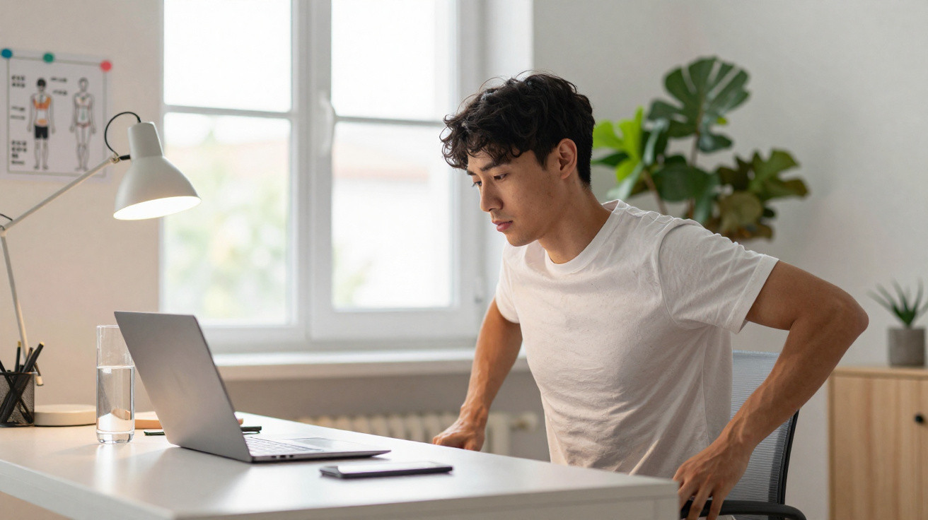 Junger Mann in weißem T-Shirt sitzt am Schreibtisch und lehnt sich mit Rückenschmerzen vom Laptop weg.