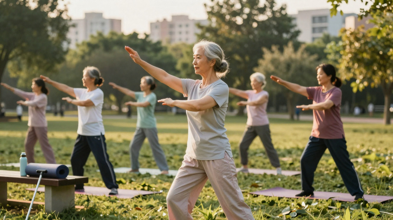 Seniorinnen üben Tai Chi in einer Parkanlage an einem sonnigen Tag mit grüner Umgebung.
