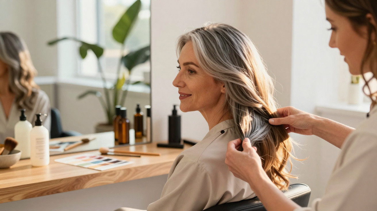 Friseurin kämmt langes graues Haar einer lächelnden Frau im Friseursalon vor Spiegel und Produkten.