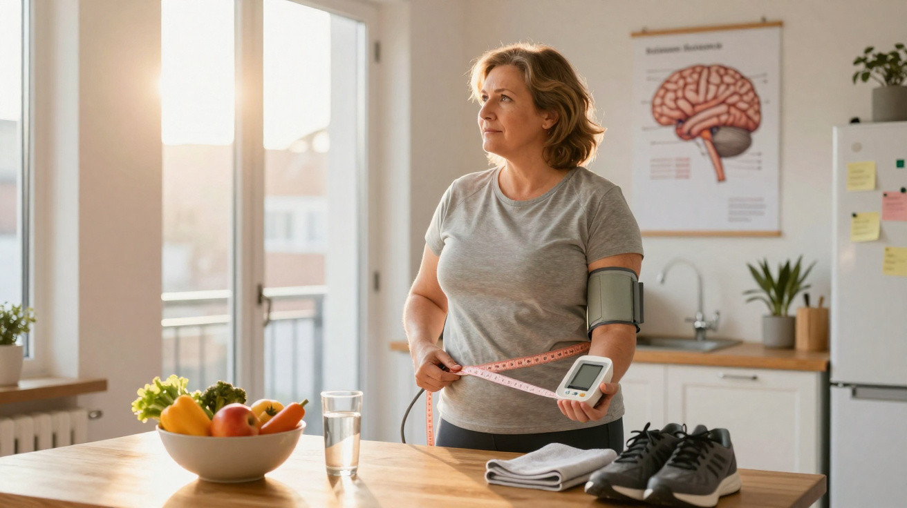 Frau misst Blutdruck und misst Taille in heller Küche mit Obst, Wasser und Sportschuhen auf dem Tisch.