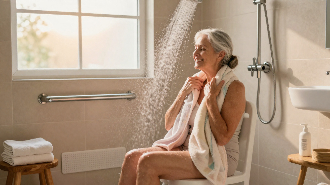 Ältere Frau sitzt auf einem Badstuhl unter der Dusche und genießt das warme Wasser mit Handtuch.