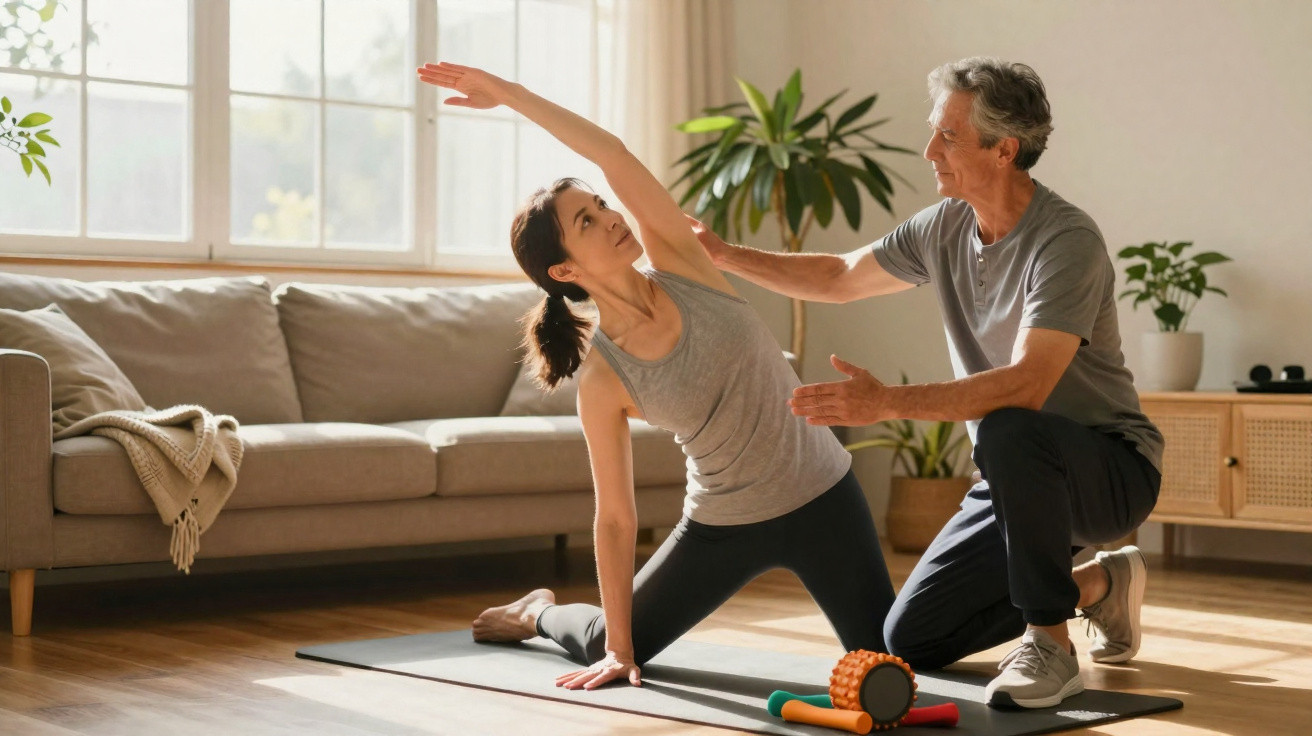 Frau macht Dehnübungen auf Yogamatte, während Mann sie im hellen Wohnzimmer anleitet.