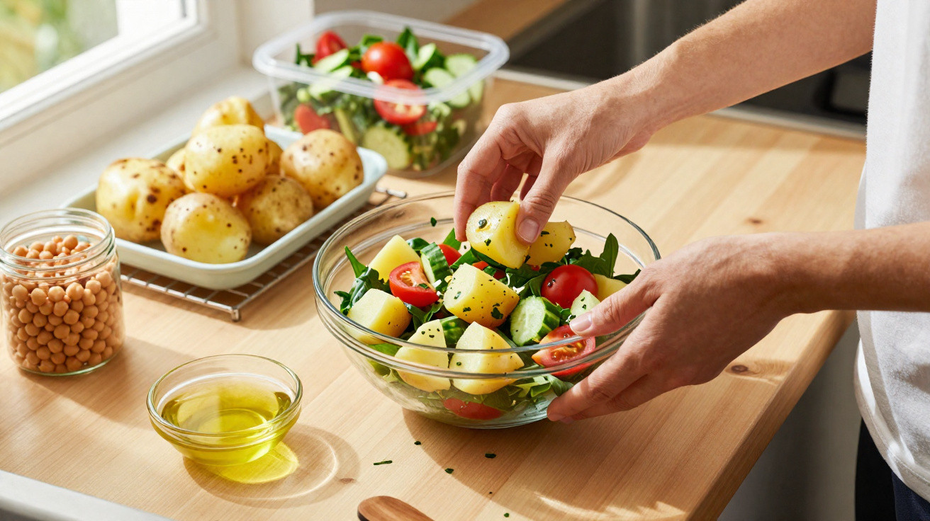 Person bereitet frischen Salat mit Kartoffeln, Tomaten, Gurken und Rucola in einer Küche zu.