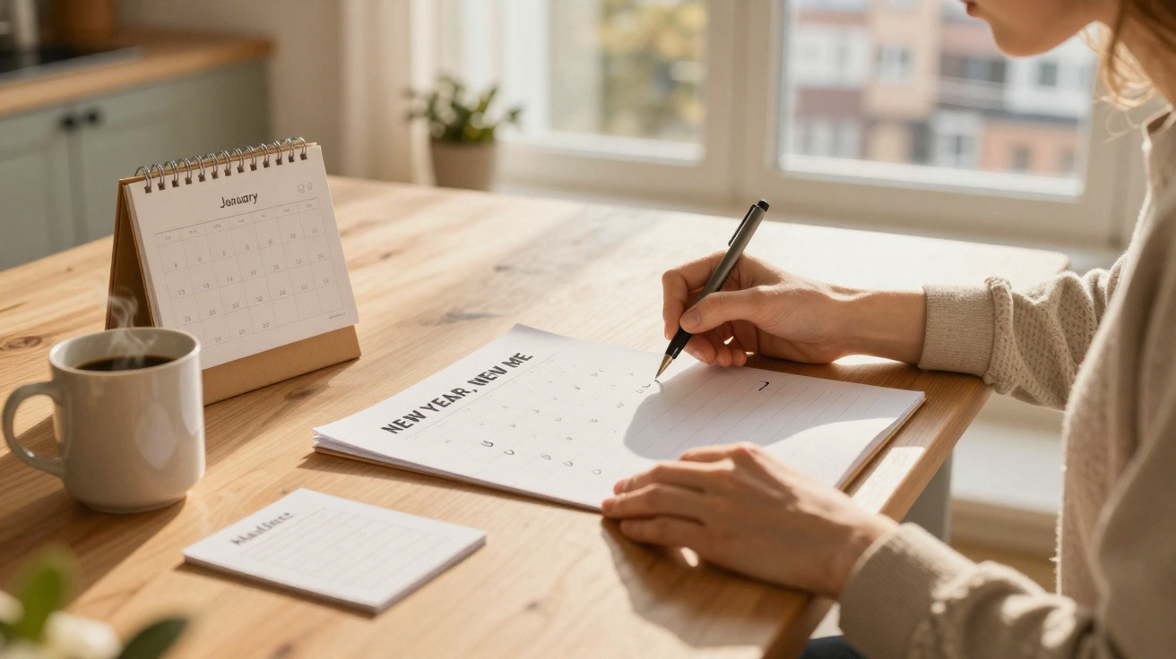 Person, die an einem Holztisch einen Neujahrskalender beschriftet, daneben Kaffeetasse und Tischkalender Januar.