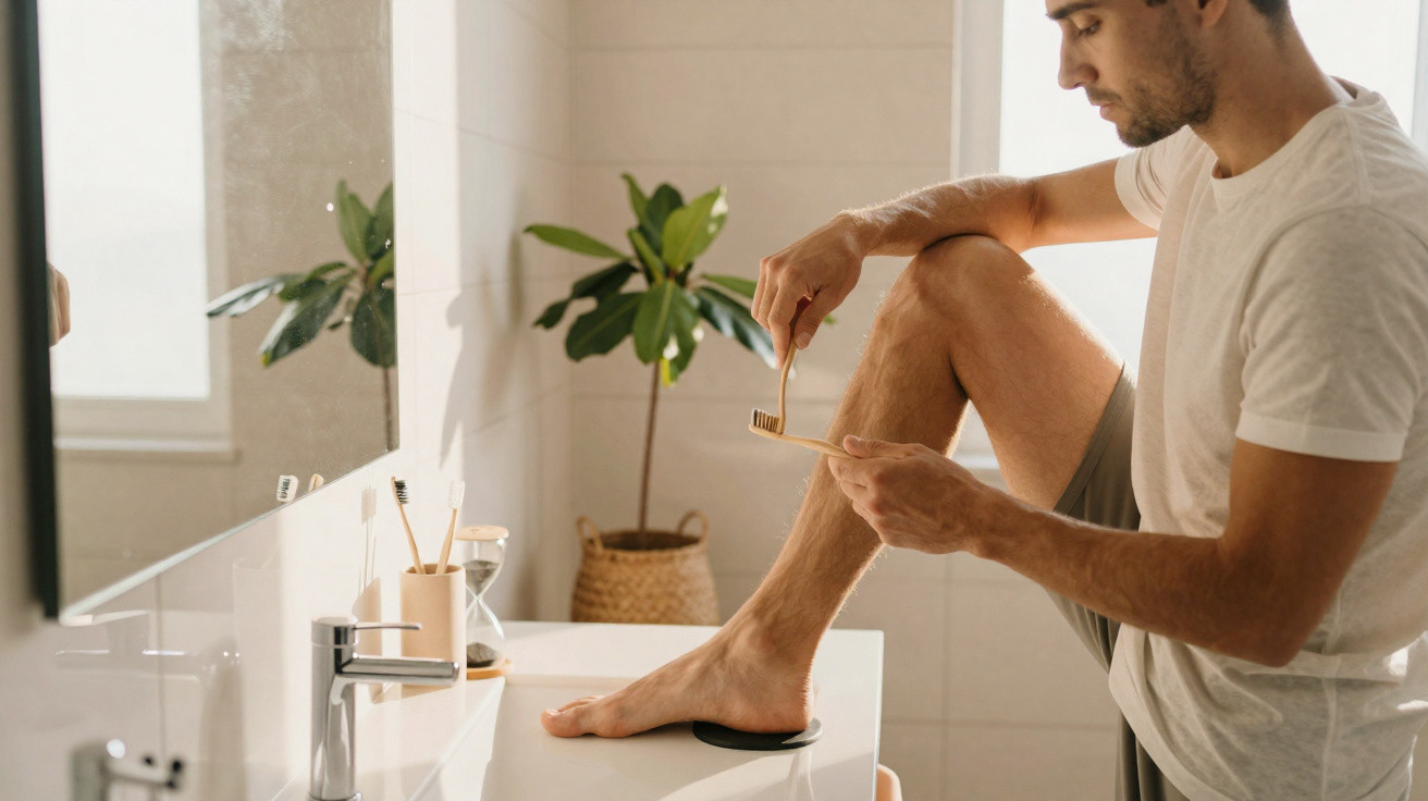 Mann putzt mit einer Zahnbürste seine Beine im hellen Badezimmer neben Waschbecken und Pflanze.