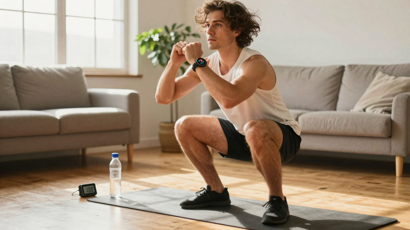 Junger Mann macht zu Hause Kniebeugen auf Fitnessmatte im Wohnzimmer, trägt Sportuhr.
