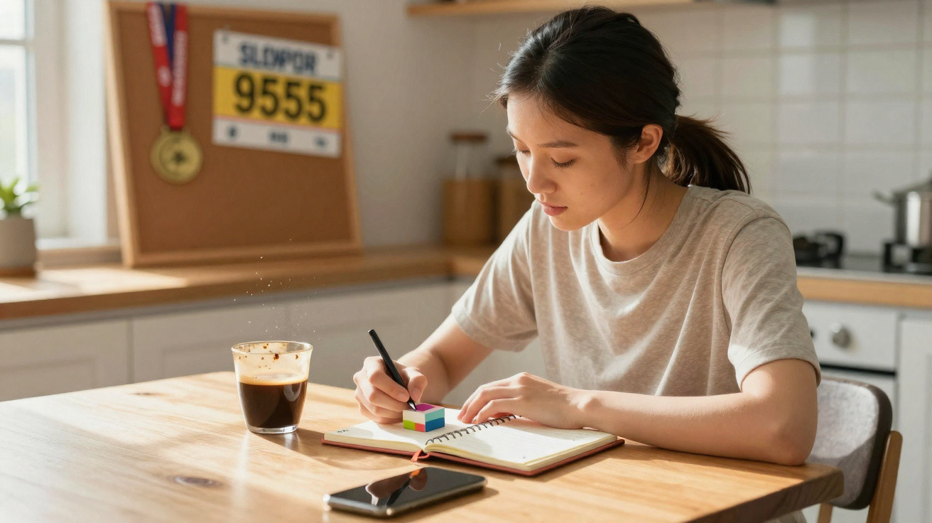 Junge Frau sitzt am Tisch, schreibt in Notizbuch, neben ihr Kaffee und Smartphone auf dem Holztisch.