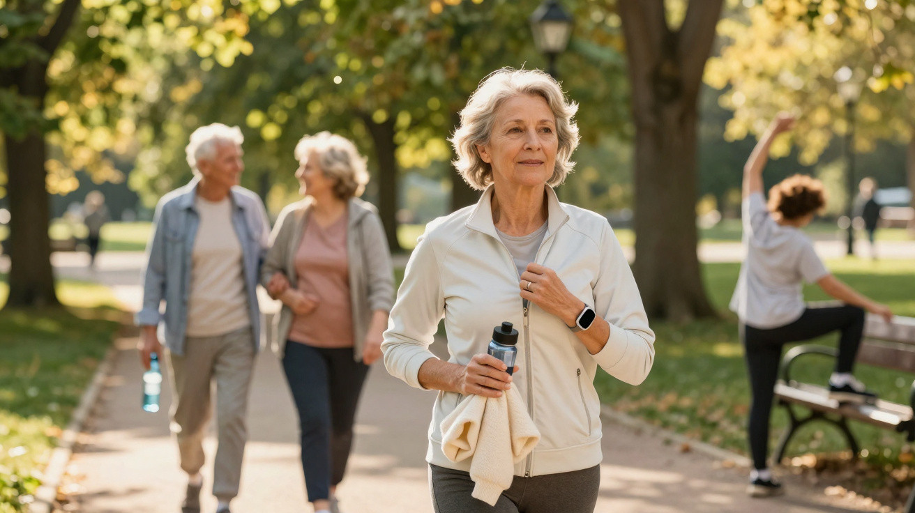 Ältere Frauen beim Spazierengehen und Sport im Park an einem sonnigen Tag.