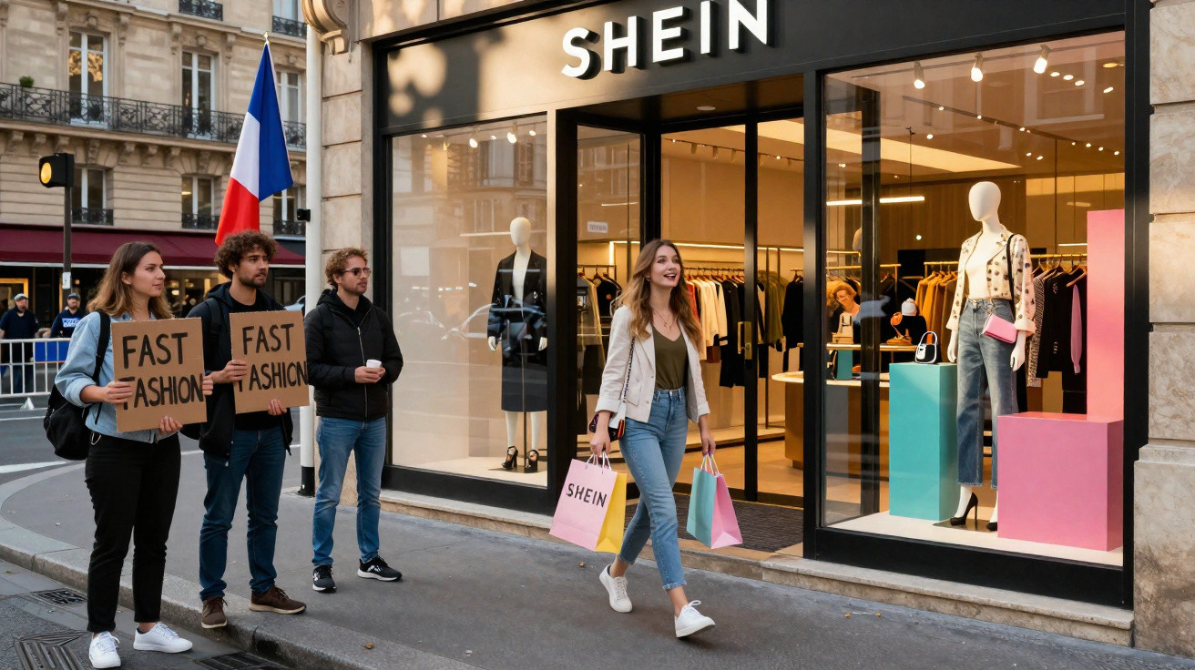 Menschen demonstrieren mit Schildern "Fast Fashion" vor SHEIN-Laden, während eine Frau mit Einkaufstüten vorbeigeht.