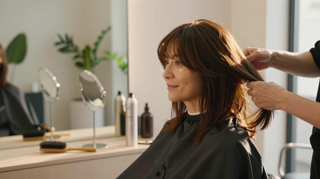Frau beim Friseur, der Friseur kämmt ihre langen braunen Haare in einem hellen Salon.
