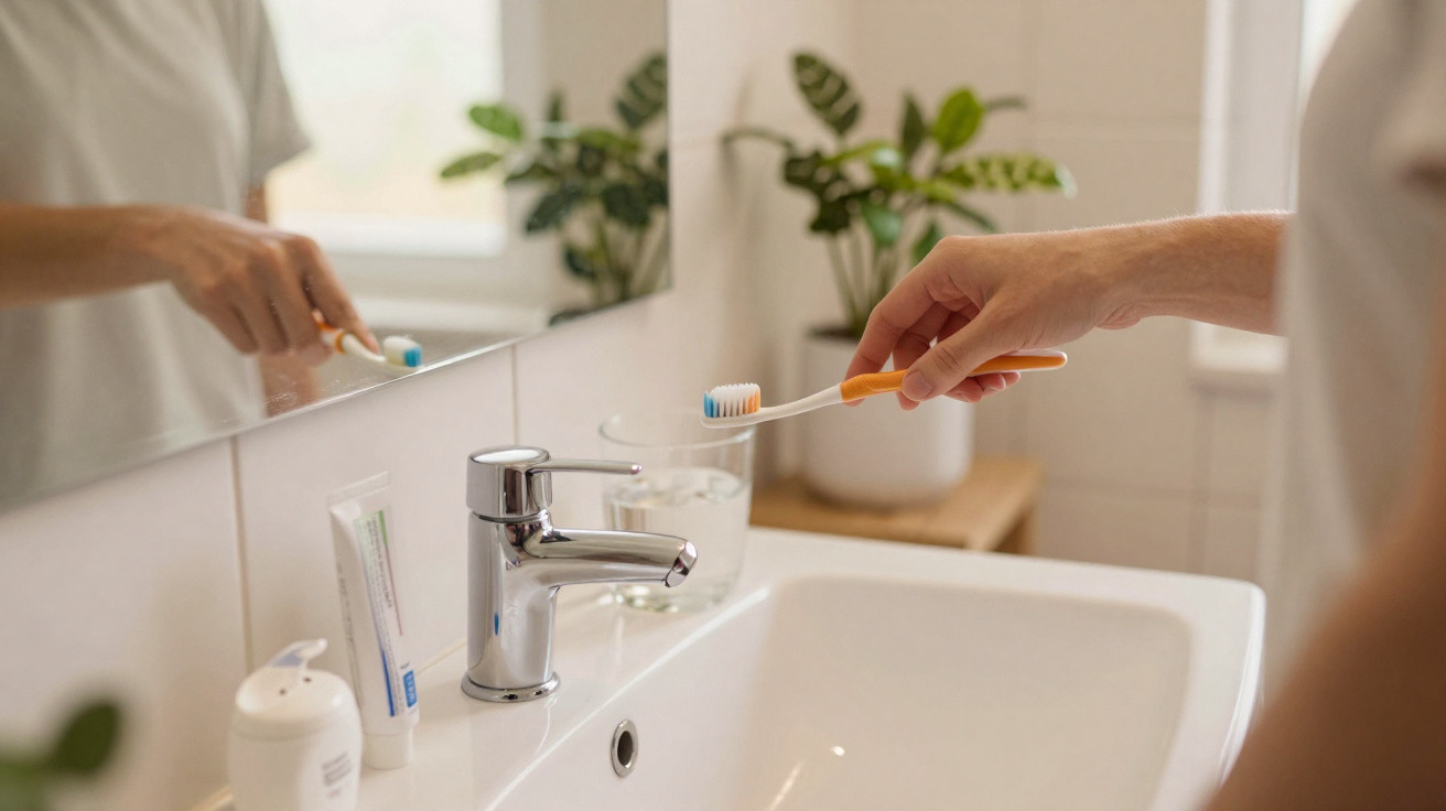 Hand hält Zahnbürste mit Zahnpasta über Waschbecken im Badezimmer mit Spiegel und Pflanzen.