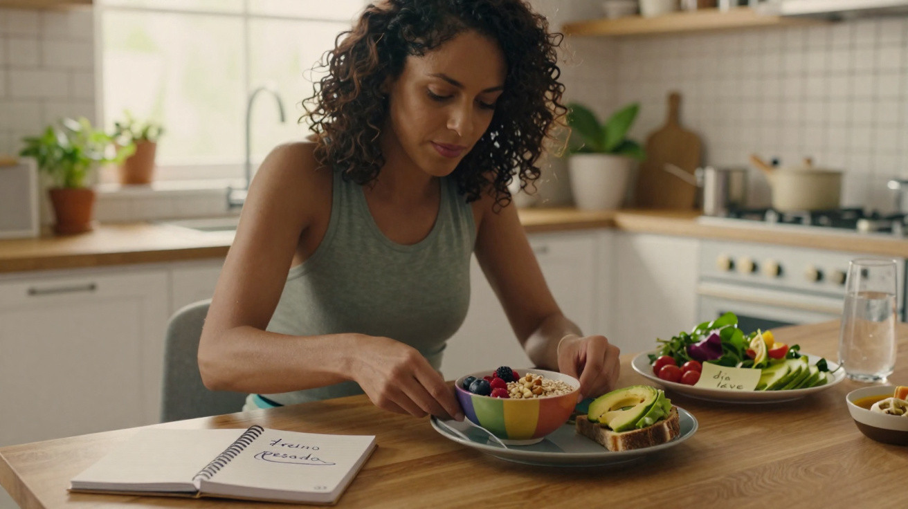 Frau in der Küche bereitet gesundes Frühstück mit Obst, Brot und Notizbuch auf Holztisch vor.