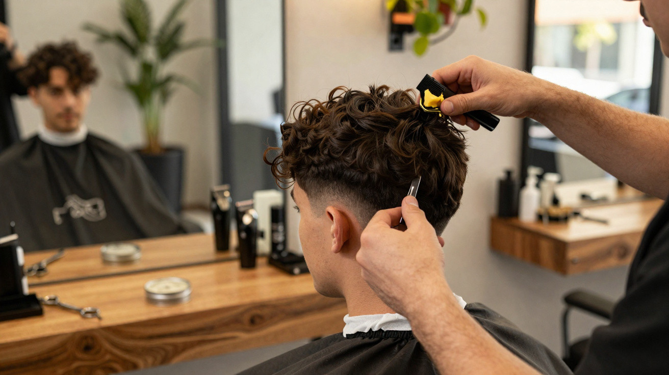 Friseur schneidet lockiges Haar eines jungen Mannes vor Spiegel in modernem Friseursalon.