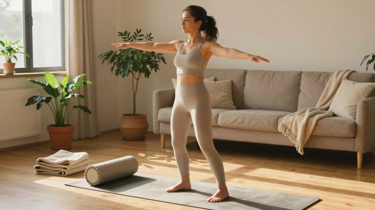 Frau macht Yoga-Übung auf Matte im Wohnzimmer, umgeben von Pflanzen und Sofa mit Decke.