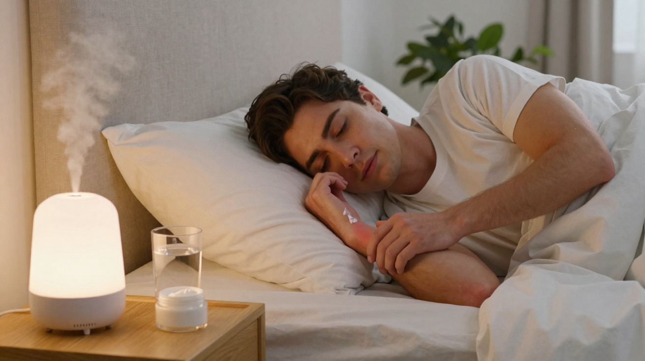 Mann liegt im Bett und cremt eine gereizte Hautstelle am Unterarm, neben ihm Duft-/Luftbefeuchter und Glas Wasser.