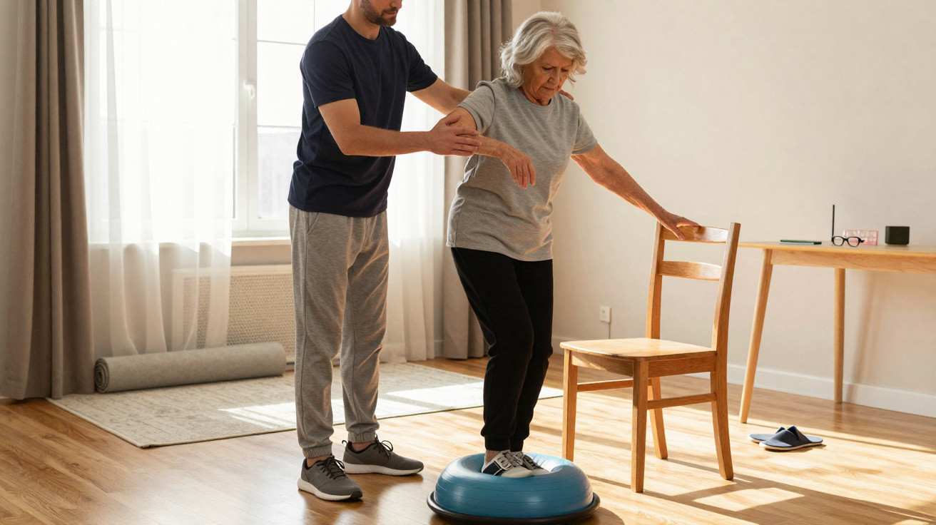 Seniorin macht Gleichgewichtsübungen auf Balancekissen, wird von Physiotherapeut in hellem Raum unterstützt.