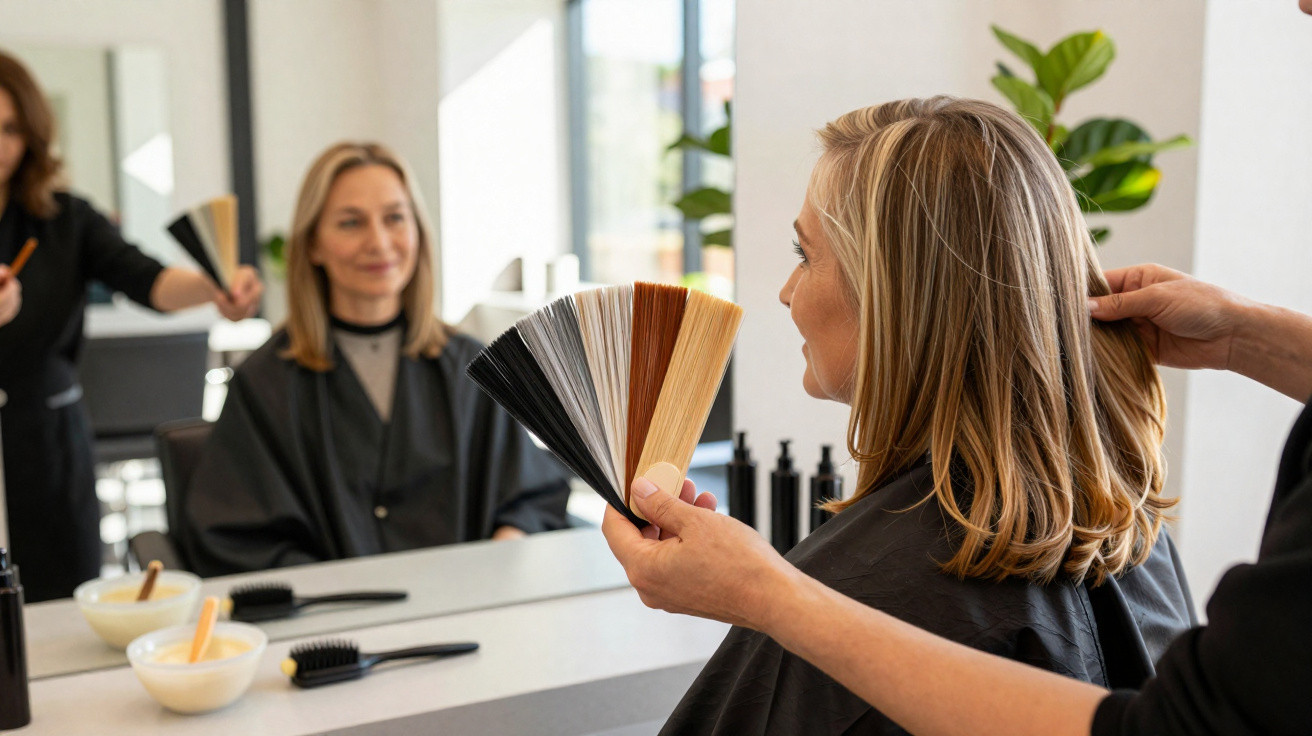 Frau im Friseursalon wählt mit Friseur zwischen verschiedenen Haarfarbenproben aus vor Spiegel.