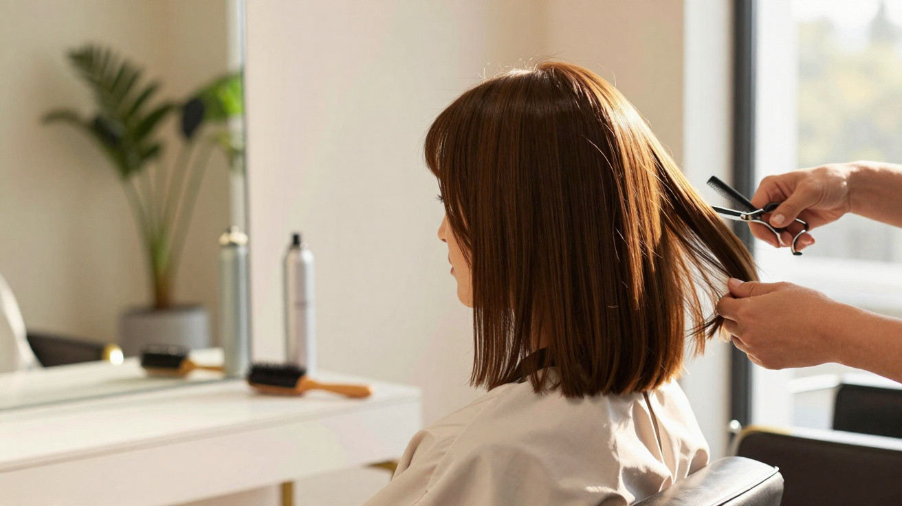 Frau mit mittellangem braunem Haar bekommt Haarschnitt in modernem Friseursalon vor großem Spiegel.