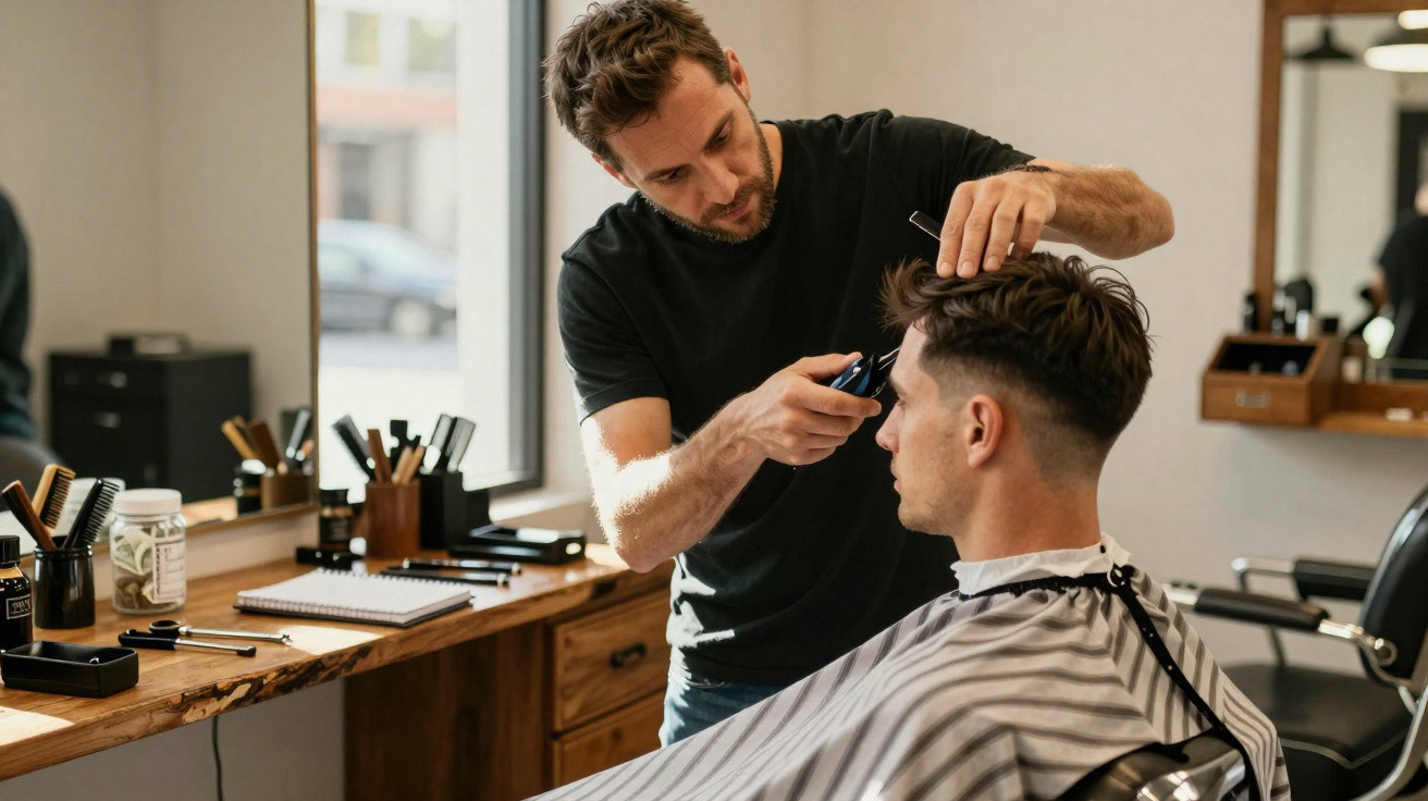 Friseur schneidet einem Mann im hellen Friseursalon mit Haarschneidemaschine die Haare.