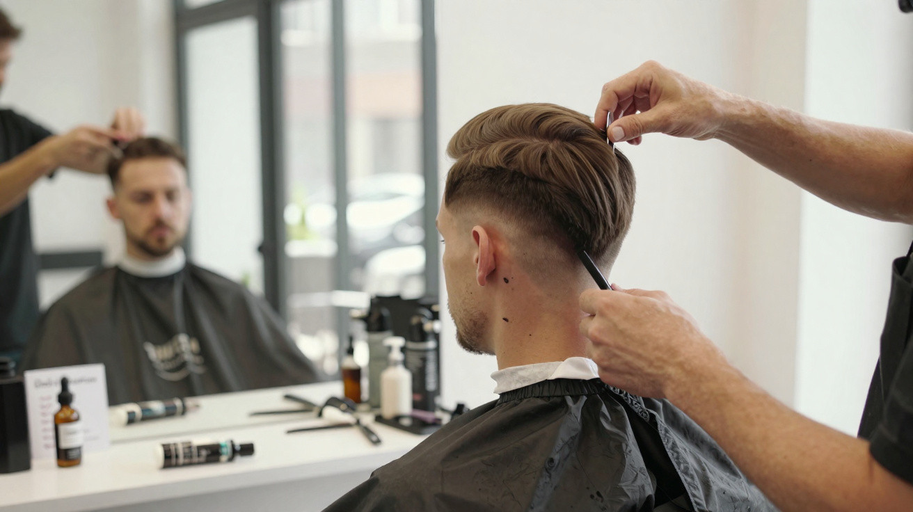 Friseur schneidet jüngeren Mann im Salon, Rückenansicht mit Spiegel und Haarschnitt im Fokus.
