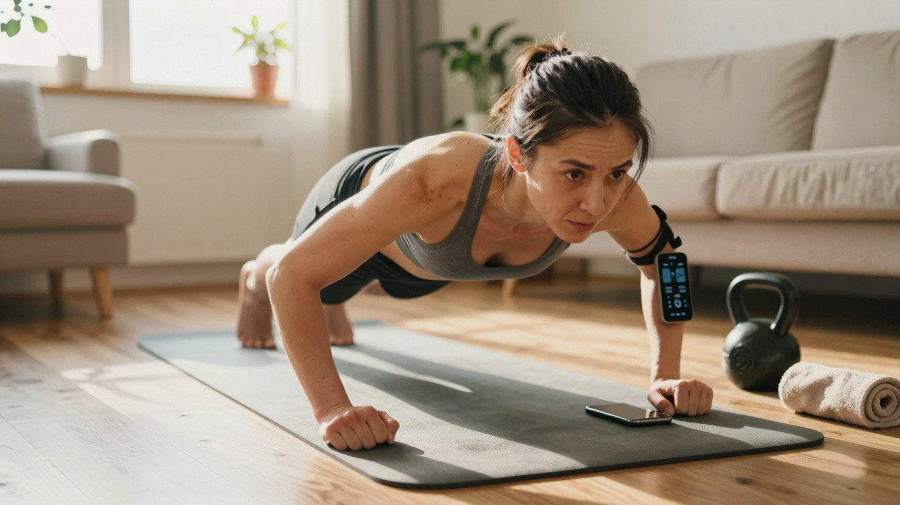 Frau macht Liegestütze auf Yogamatte im Wohnzimmer, Fitness-Tracker am Arm, Kettlebell und Handtuch daneben.