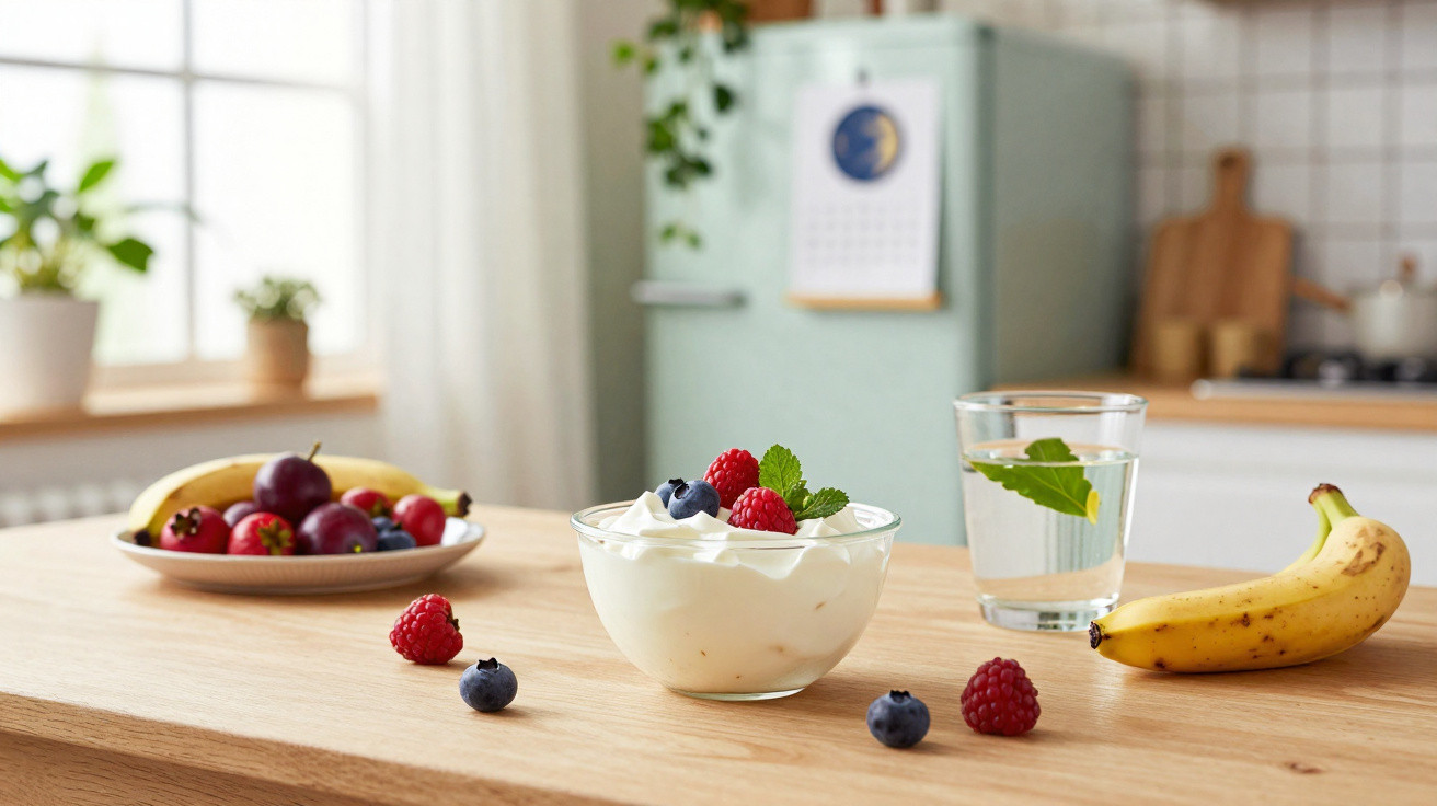 Glas mit Wasser und Minzblatt, Schale mit Joghurt und Beeren, Banane und weitere Früchte auf Holztisch in Küche