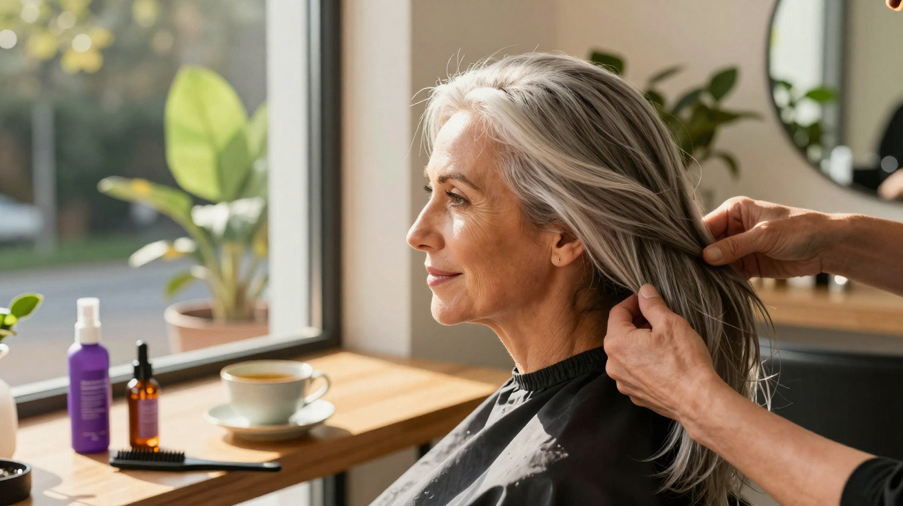 Ältere Frau sitzt im Friseursalon, während eine Person ihr langes graues Haar stylt.