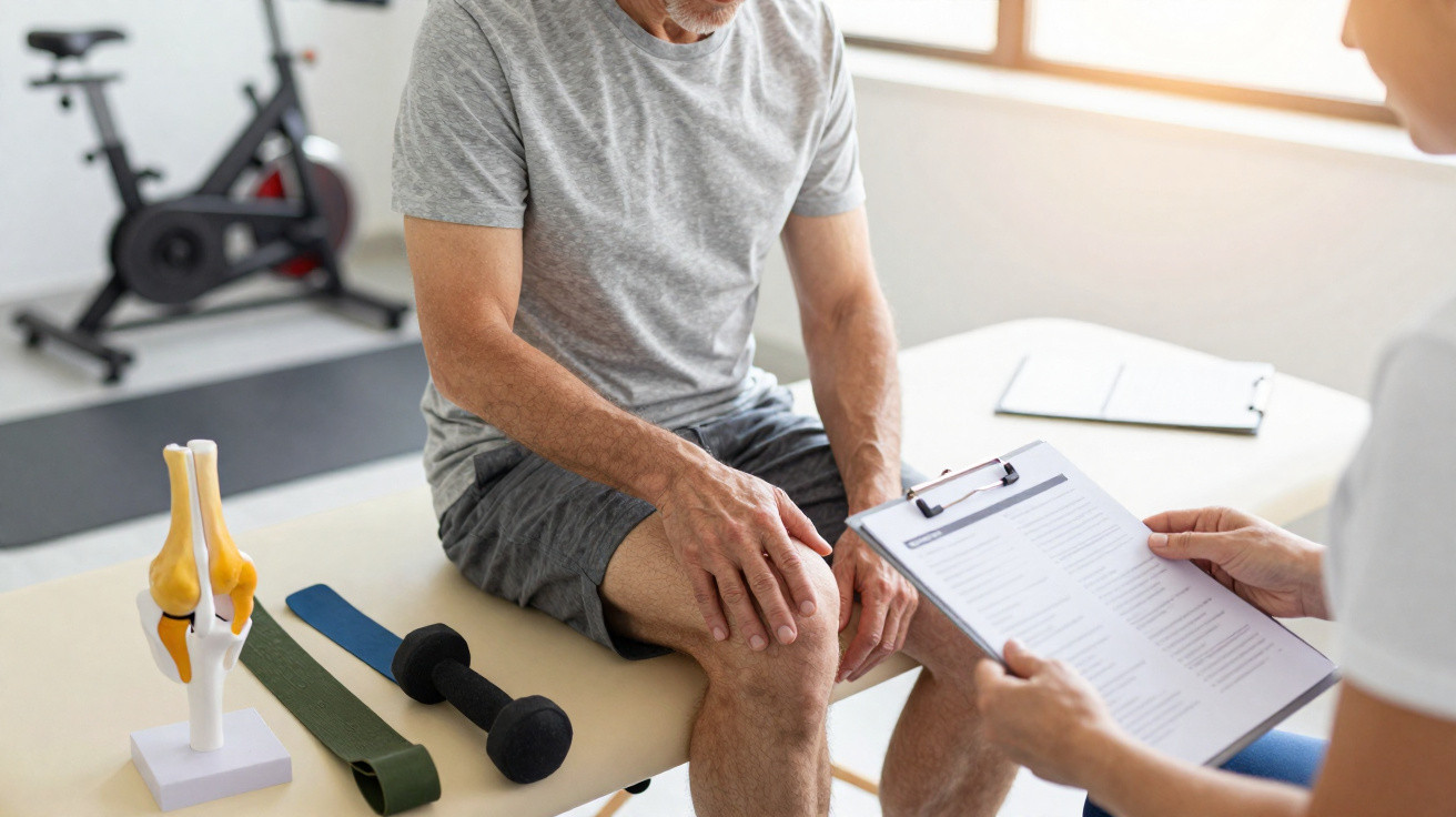 Älterer Mann sitzt auf Behandlungstisch und hält sein schmerzendes Knie, Arzt mit Klemmbrett im Gespräch.