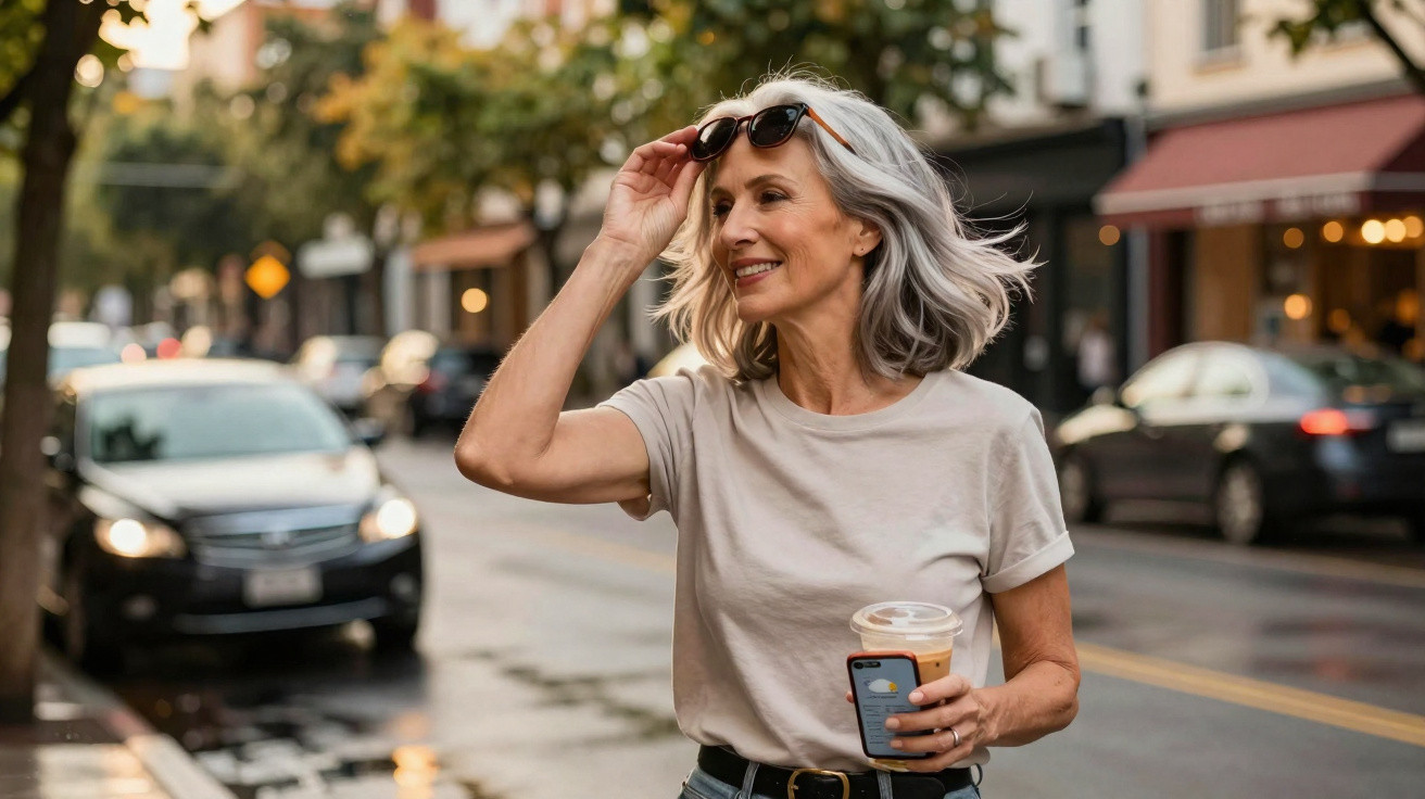 Ältere Frau mit grauen Haaren hebt Sonnenbrille und hält Eiskaffee in der Hand, Stadtstraße im Hintergrund.