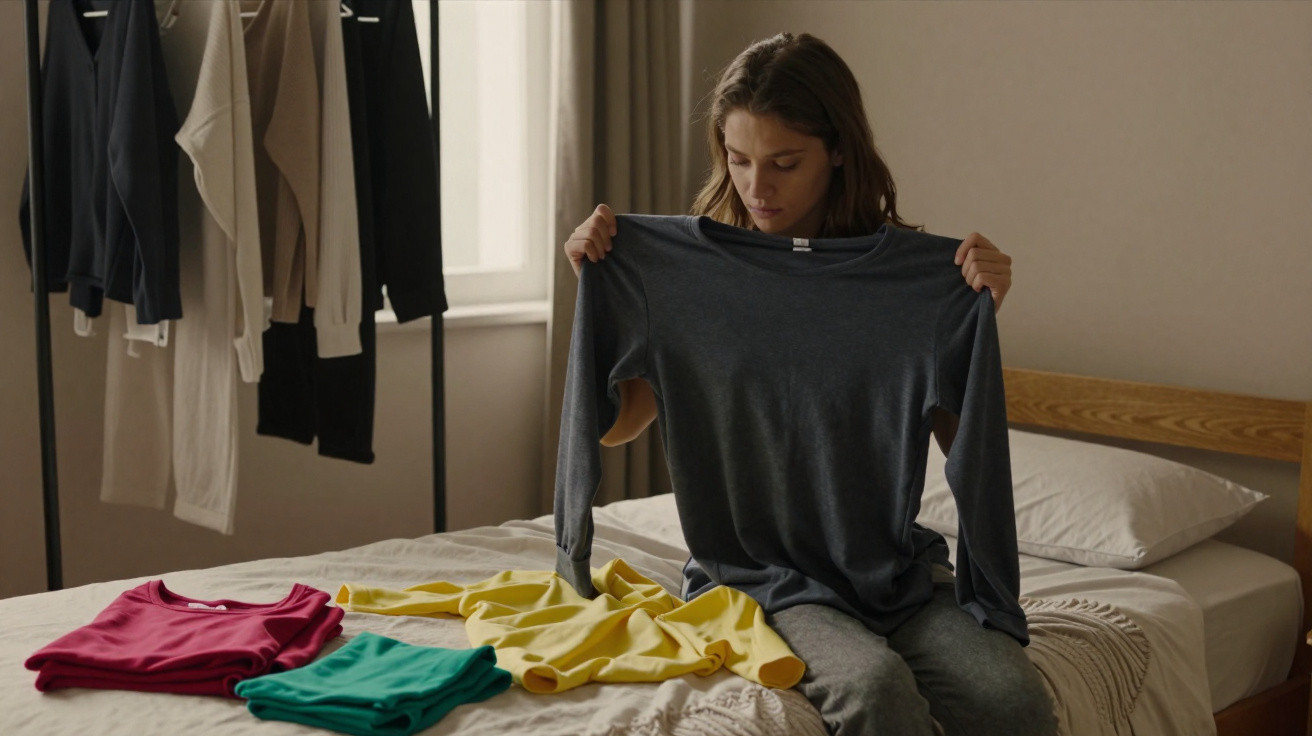 Frau sitzt auf Bett und hält graues Langarmshirt, daneben liegen farbige Kleidungsstücke auf dem Bett.