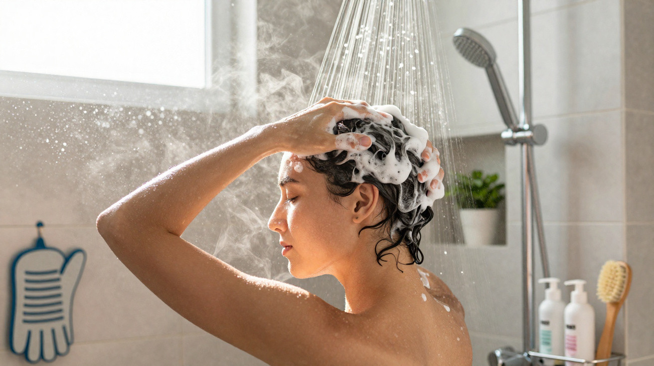 Frau wäscht Haare mit Shampoo unter warmem Duschstrahl in hellem Badezimmer mit Fenster und Pflanzen.