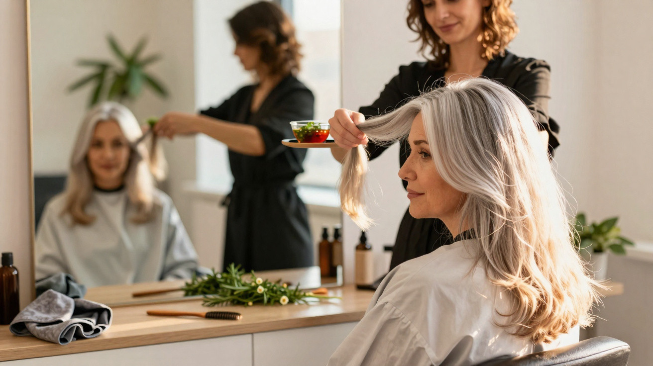Friseurin trägt natürlichen Haarfarbstoff auf das lange blonde Haar einer Kundin im Friseursalon auf.