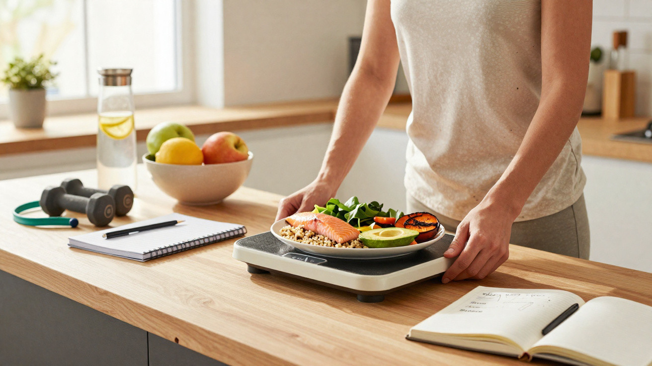 Frau wiegt gesunden Teller mit Lachs, Salat und Avocado in moderner Küche auf Küchenwaage.