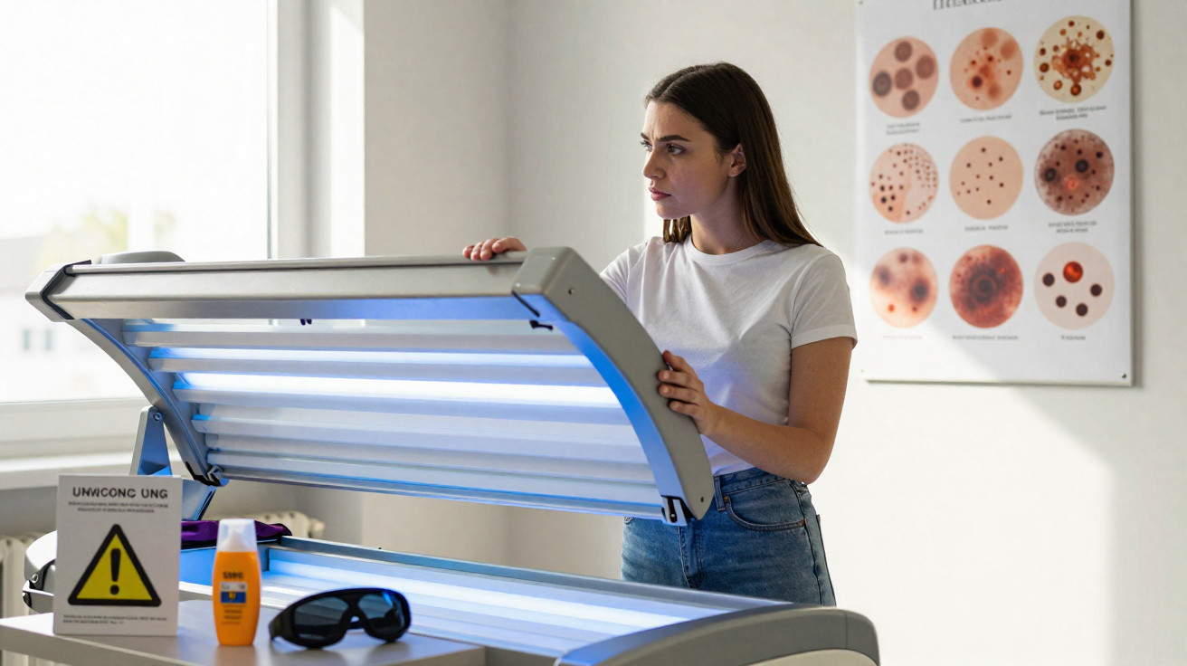 Frau öffnet Solarium in hellem Raum mit Hautkrebspräventionsposter und Sonnenschutzmitteln auf dem Tisch.