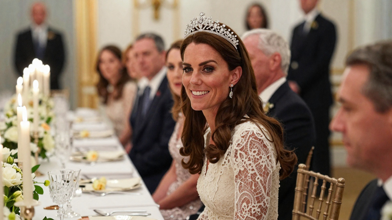 Frau mit Tiara und weißem Spitzenkleid sitzt bei formellem Dinner mit Kerzen und Gästen in elegantem Saal.