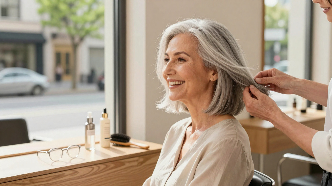 Ältere Frau mit grauem Haar lächelt, während Friseur ihre Haare im modernen Salon stylt.
