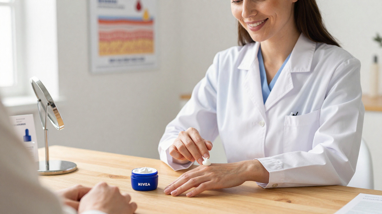 Ärztin trägt Nivea Creme auf die Hand auf bei Beratung im hellen Behandlungszimmer.