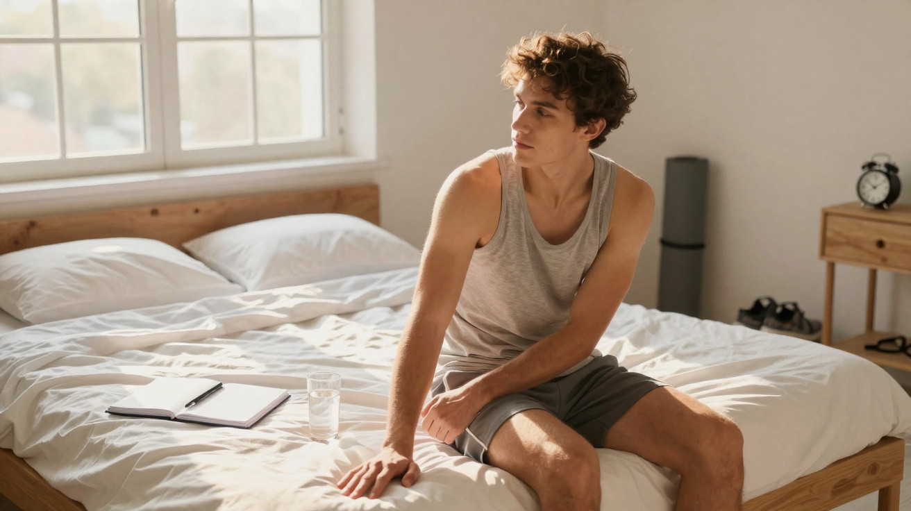 Junger Mann in grauem Tanktop sitzt nachdenklich auf einem Bett in einem hellen Schlafzimmer.