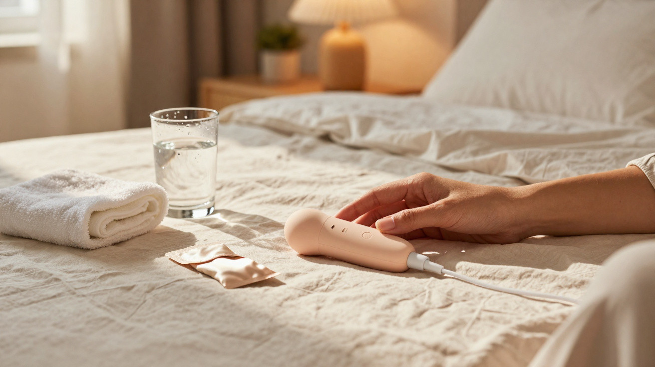 Hand greift elektrisch betriebenen Eisprung-Überwachungsgerät auf Bett mit Glas Wasser, Handtuch und Teststreifen.