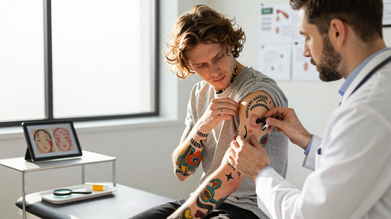 Arzt untersucht tätowierten Arm eines jungen Mannes in einer hellen Untersuchungsraum mit digitaler Anzeige.