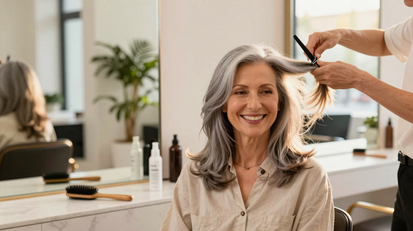 Ältere Frau mit grauem Haar lächelt, während sie beim Friseur geschnitten wird.