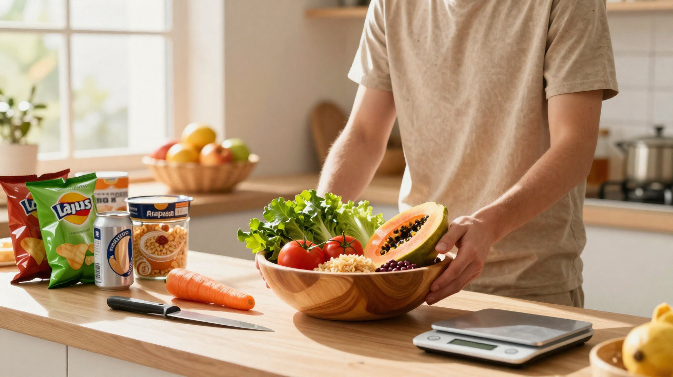 Person bereitet Schüssel mit Salat, Tomaten, Papaya und Reis in moderner Küche vor.