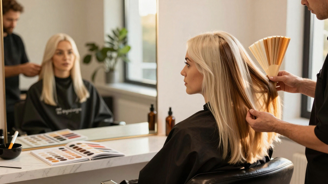 Friseurin analysiert langes blondes Haar einer Kundin im Salon vor großem Spiegel.