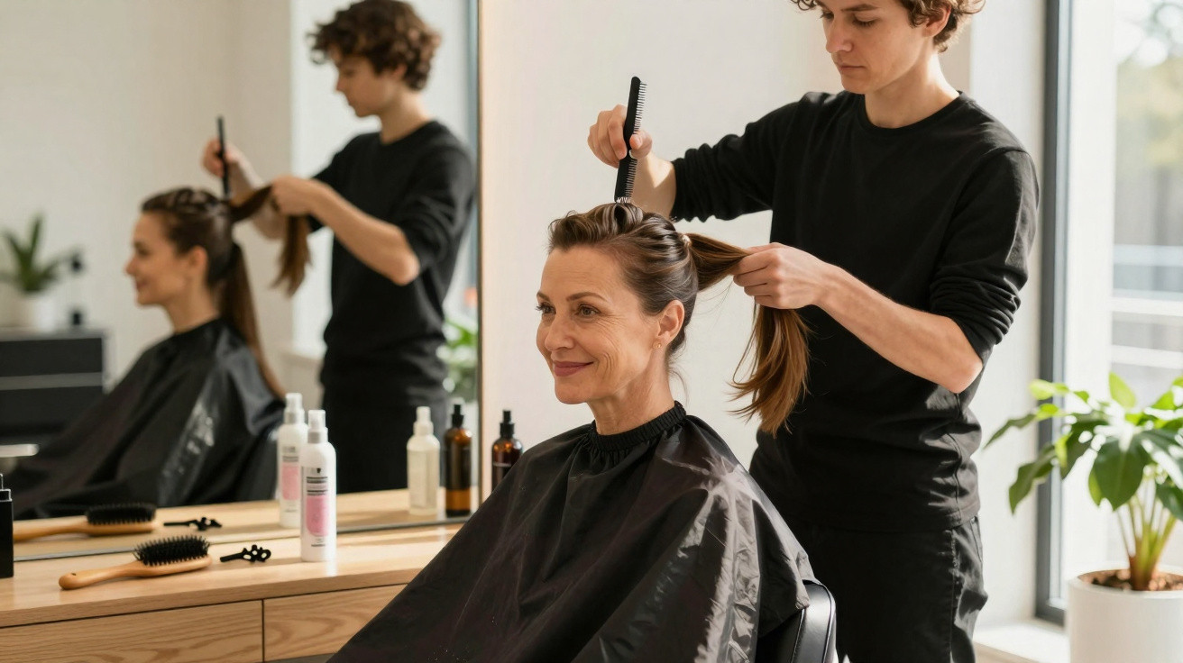 Friseurin stylt lächelnde Kundin mit Kamm im modernen Salon vor großem Spiegel und Pflanzen.