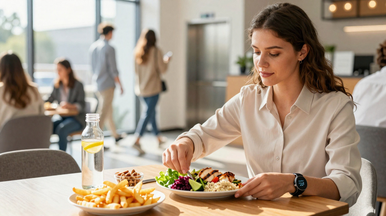 Frau isst gesundes Mittagessen mit Salat und Hähnchen in heller Kantine mit weiteren Personen im Hintergrund.