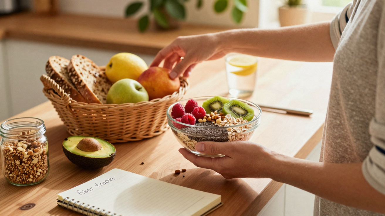 Person nimmt Apfel aus Obstkorb neben Schale mit Müsli, Obst und Notizbuch auf Holztisch in Küche