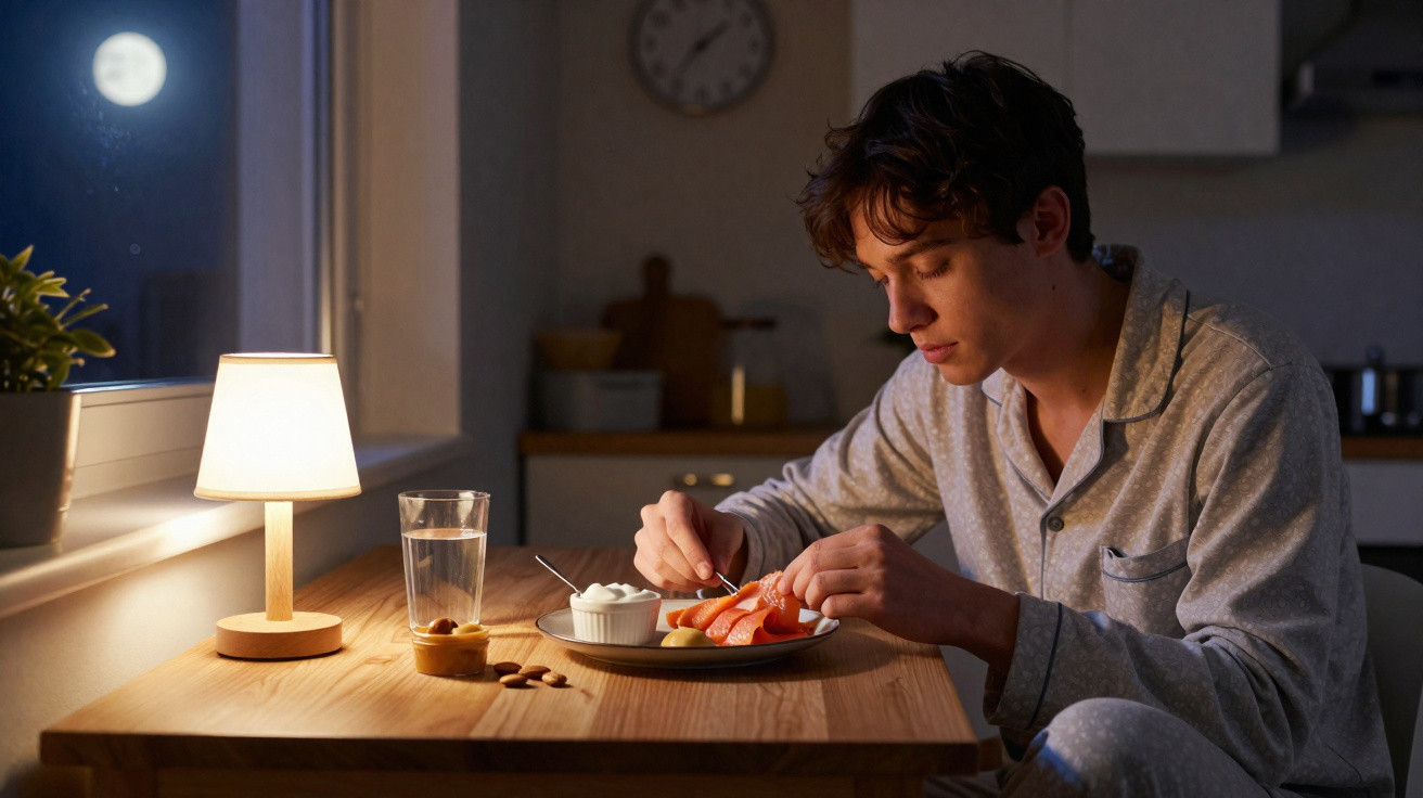 Junger Mann in Pyjama isst abends Lachs und Gemüse bei Lampe und Vollmond am Tisch.