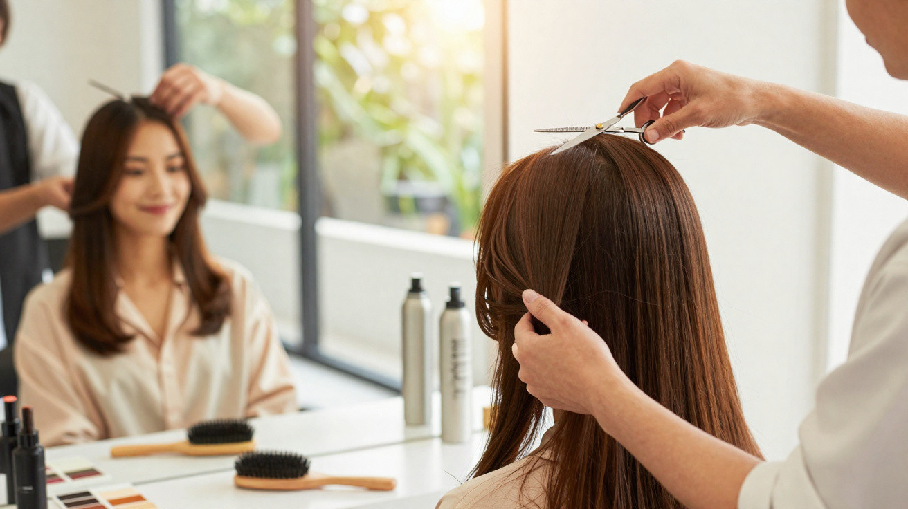 Frau bekommt im Salon vor Spiegel von Friseur Haare geschnitten, Lockenstab und Bürsten liegen auf Tisch.