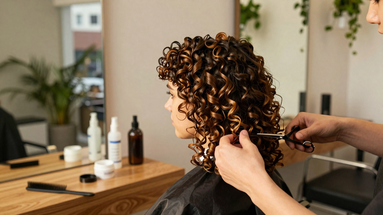 Friseurin schneidet lockige braune Haare einer Frau im Friseursalon vor Spiegel.