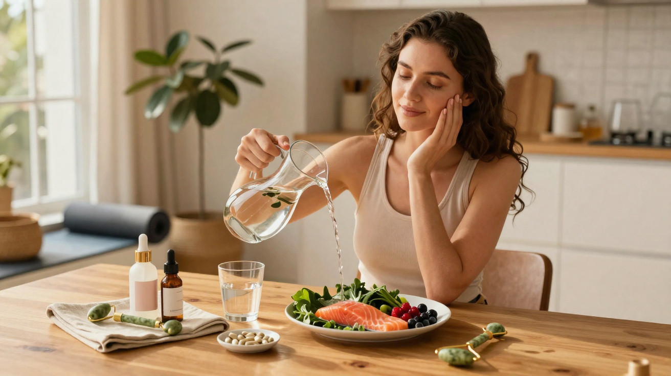 Frau gießt Wasser auf einen Teller mit Lachs, Salat und Beeren in einer hellen Küchenumgebung.